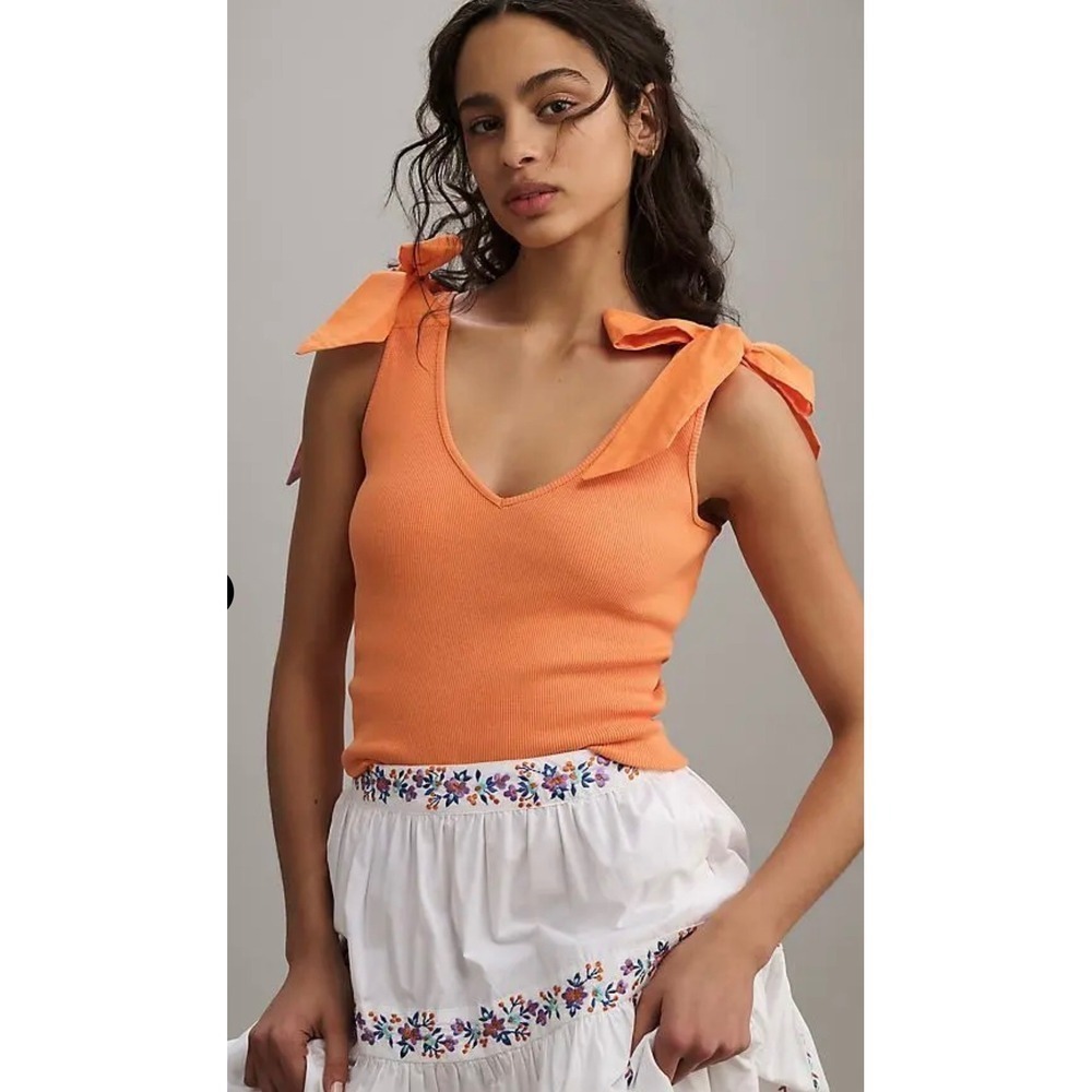 Maeve Orange Tie-Shoulder Ribbed V-Neck Tank